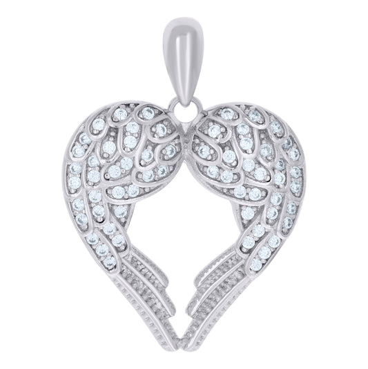 Sterling Silver Womens Cubic-Zirconia Angel Wing Heart Charm Pendant