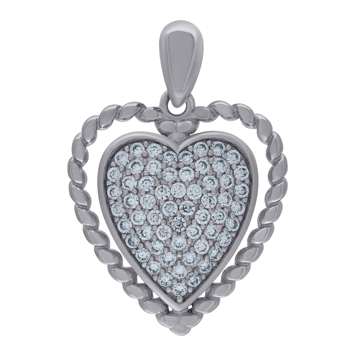 Sterling Silver Womens Cubic-Zirconia Twisted Border Heart Charm Pendant