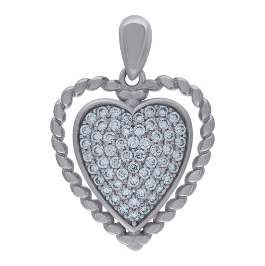 Sterling Silver Womens Cubic-Zirconia Twisted Border Heart Charm Pendant