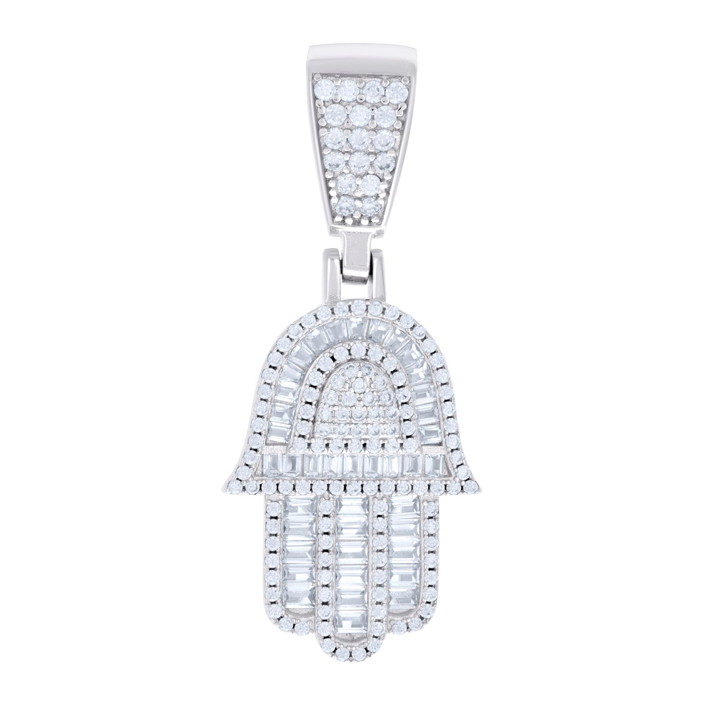 Sterling Silver Mens Baguette Round Cubic-Zirconia Hamsa Symbol Religious Charm Pendant