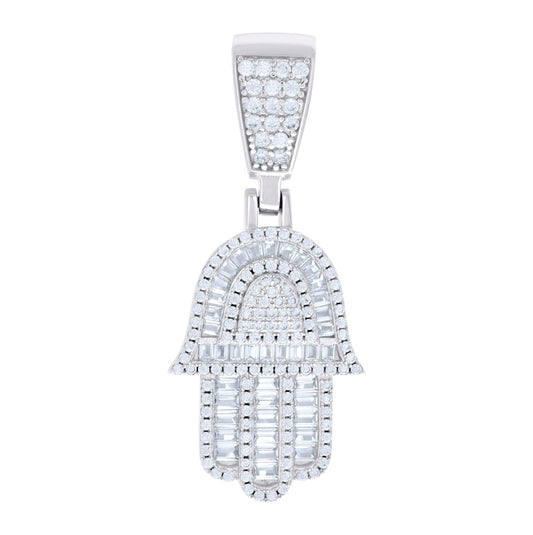 Sterling Silver Mens Baguette Round Cubic-Zirconia Hamsa Symbol Religious Charm Pendant