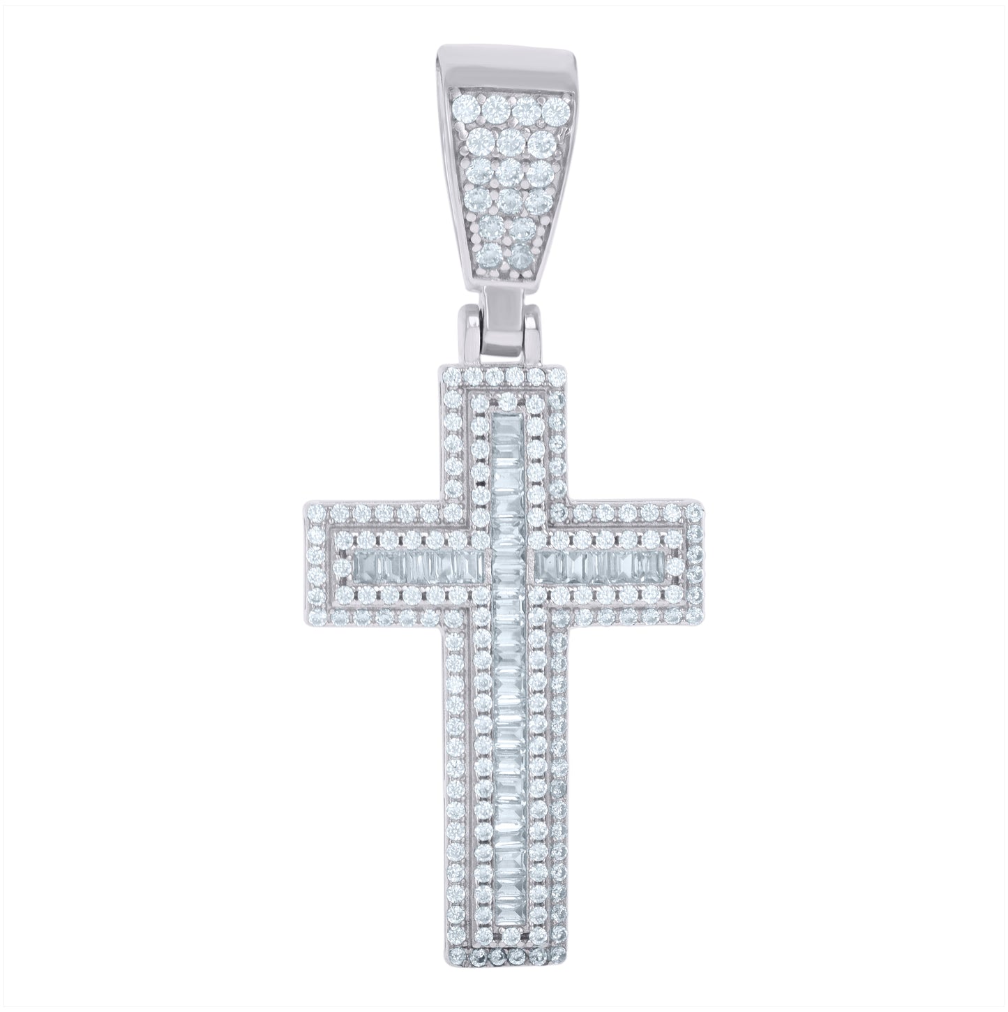 Sterling Silver Unisex Round Baguette Cubic-Zirconia Cross Religious Charm Pendant