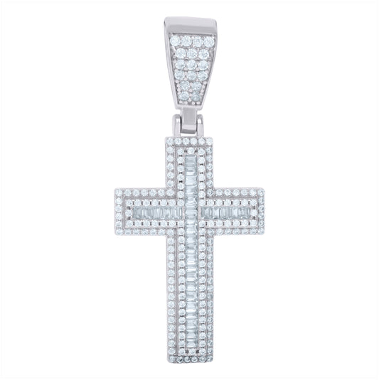 Sterling Silver Unisex Round Baguette Cubic-Zirconia Cross Religious Charm Pendant
