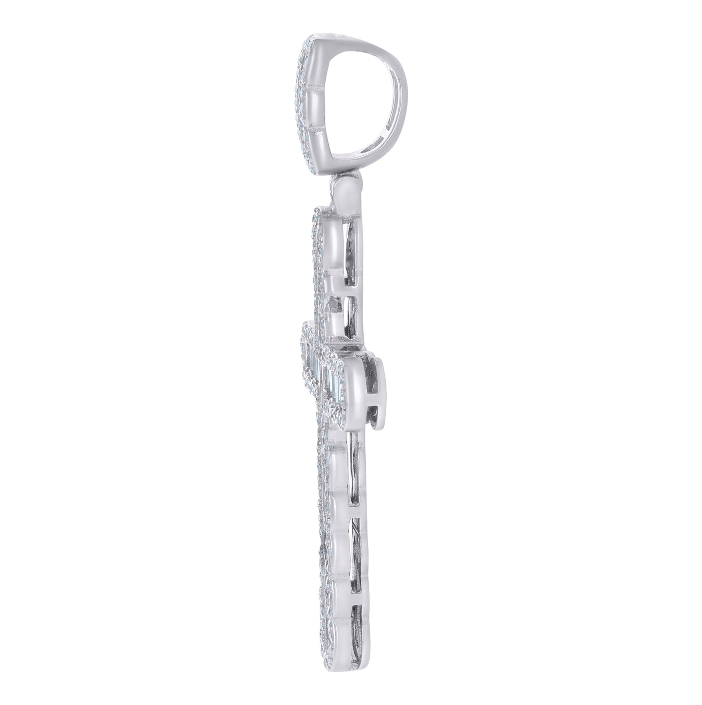 Sterling Silver Mens Baguette Round Cubic-Zirconia Cross Religious Charm Pendant
