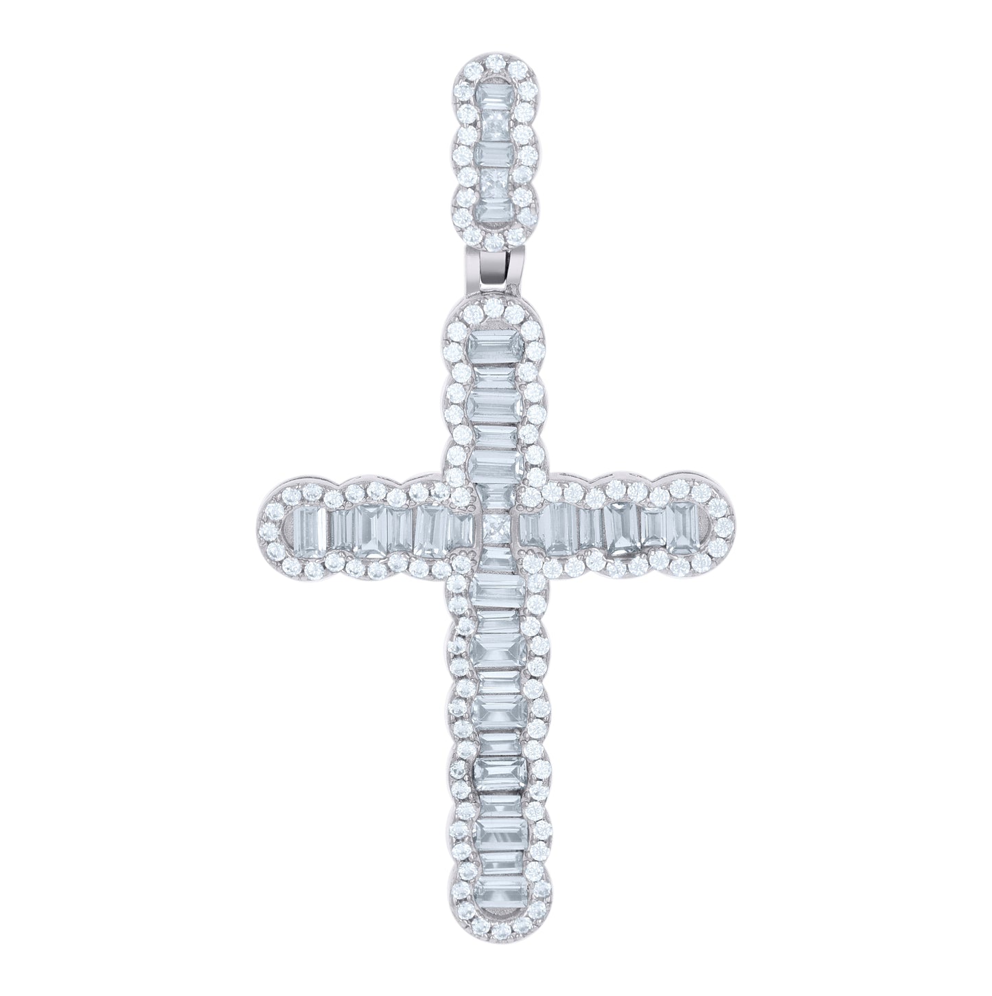 Sterling Silver Mens Baguette Round Cubic-Zirconia Cross Religious Charm Pendant