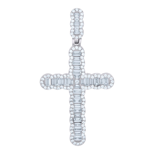 Sterling Silver Mens Baguette Round Cubic-Zirconia Cross Religious Charm Pendant