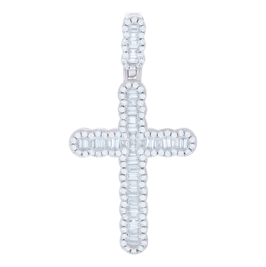 Sterling Silver Men Baguette Round Cubic-Zirconia Cross Religious Charm Pendant