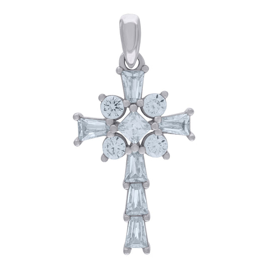 Sterling Silver Mens Baguette Cubic-Zirconia Cross Religious Charm Pendant