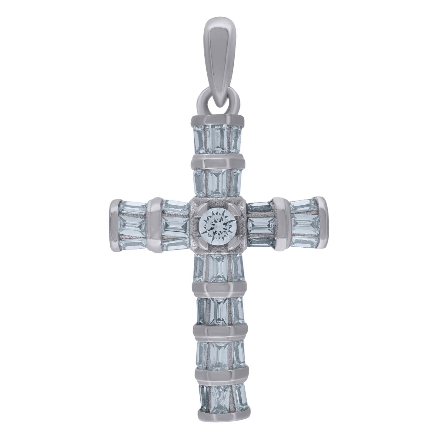 Sterling Silver Mens Baguette Cubic-Zirconia Cross Religious Charm Pendant