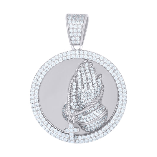 Sterling Silver Mens Cubic-Zirconia Medallion Praying Hands Symbol Religious Charm Pendant