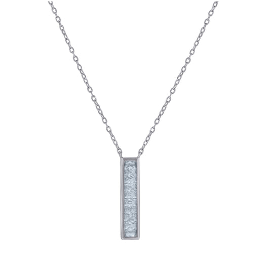 Sterling Silver Unisex Baguette Cubic-Zirconia Vertical Bar Charm Necklace