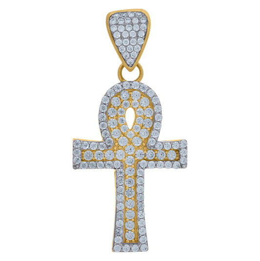 10K Two-Tone Gold Cubic Zirconia Ankh Religious Charm Pendant