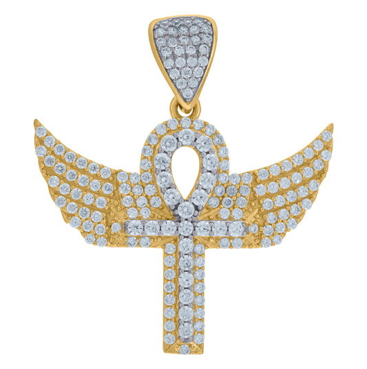 10K Two-Tone Gold Cubic Zirconia Ankh Wings Religious Charm Pendant
