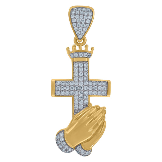 10K Two-Tone Gold Cubic Zirconia Cross Praying Hands Religious Charm Pendant