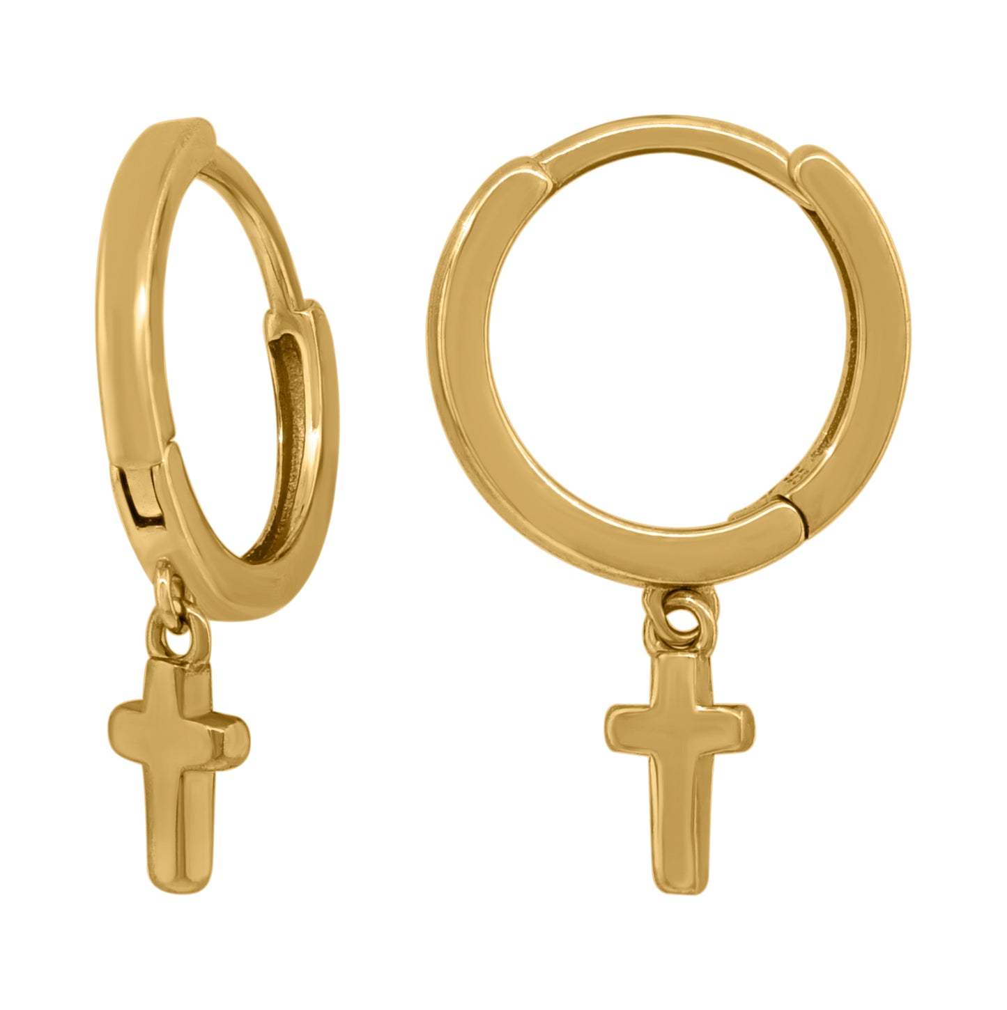 Sterling Silver Or Yellow-Tone Unisex Cross Religious Dangle Hoop Earrings