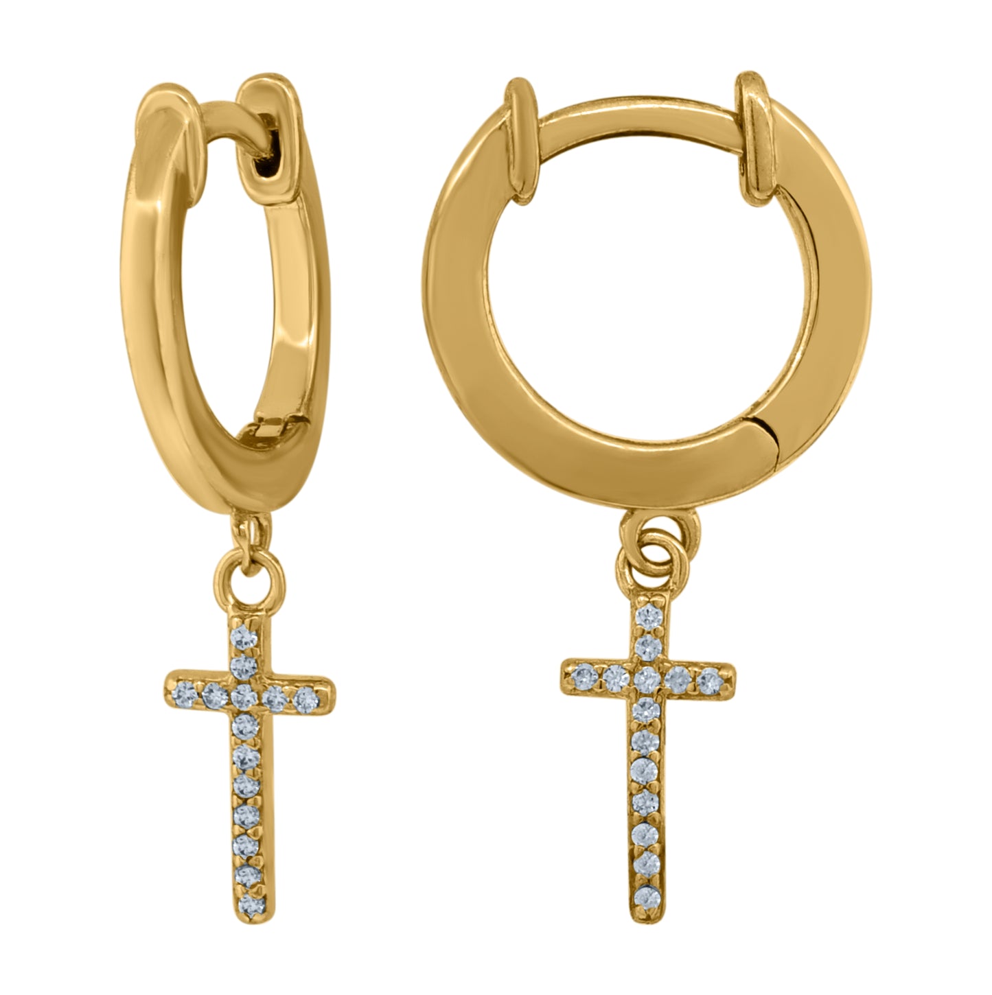 Sterling Silver Or Yellow-Tone Unisex Cubic-Zirconia Cross Religious Dangle Hoop Earrings