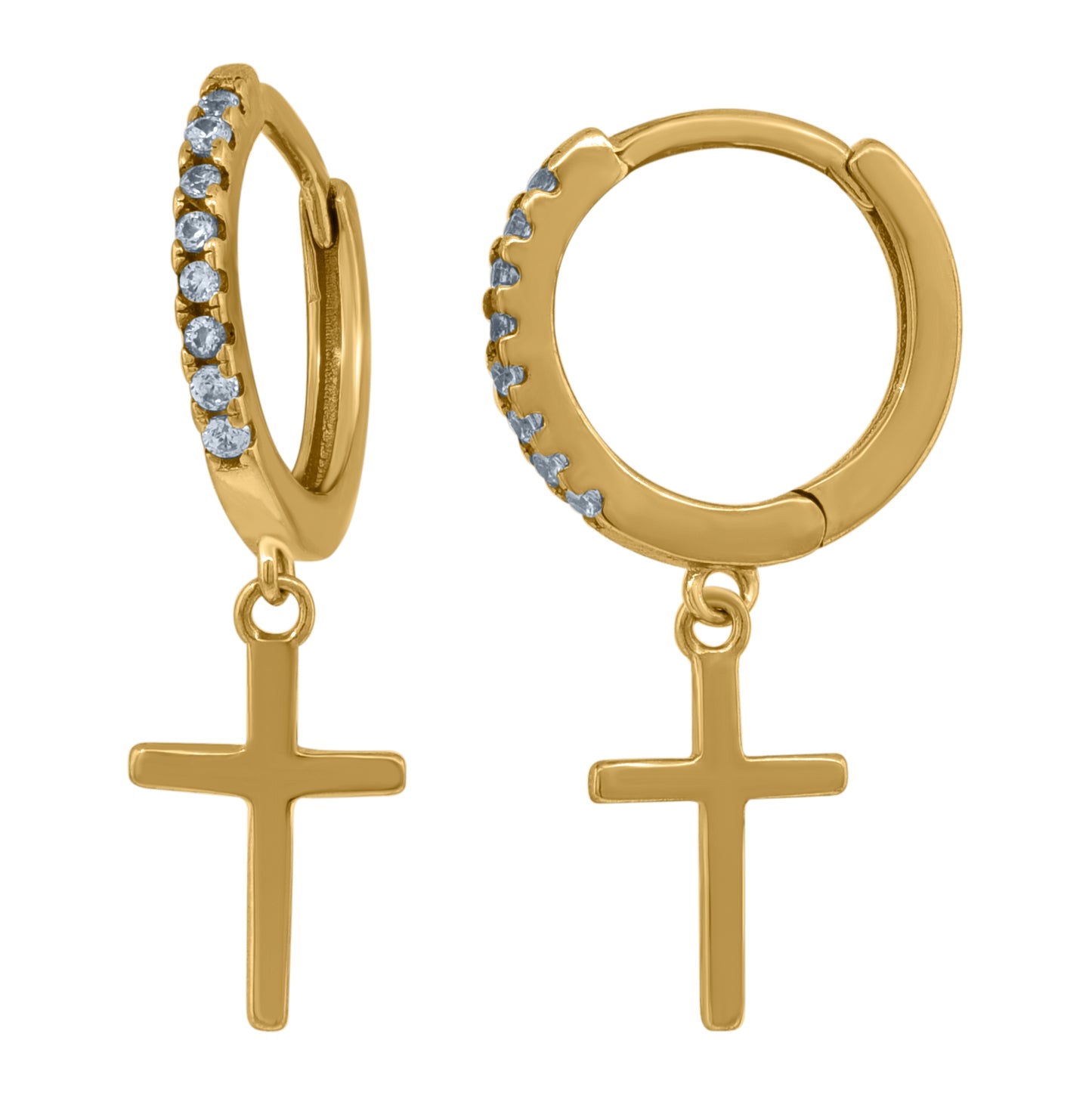 Sterling Silver Or Yellow-Tone Unisex Cubic-Zirconia Cross Religious Dangle Hoop Earrings
