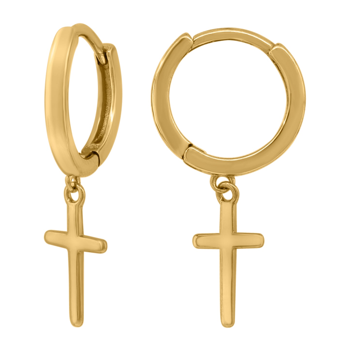 Sterling Silver Or Yellow-Tone Unisex Cross Religious Dangle Hoop Earrings