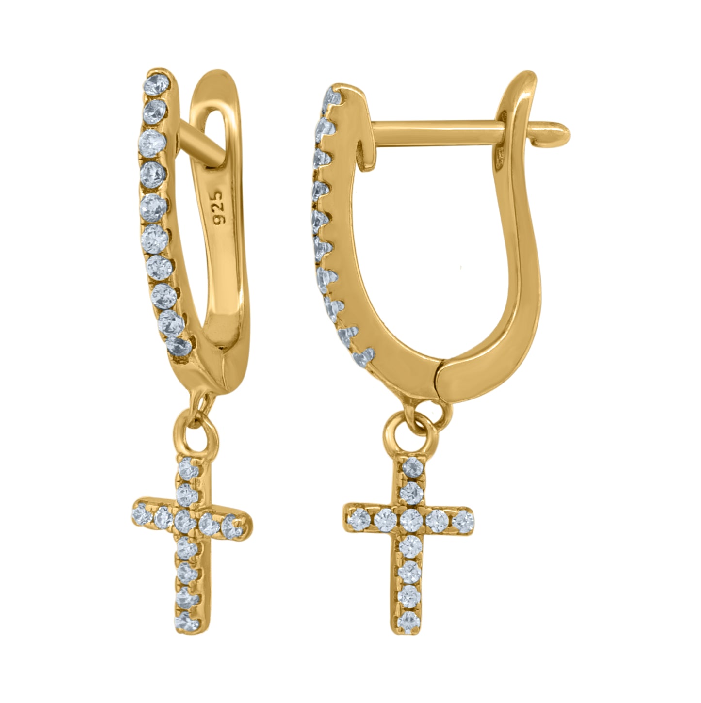 Sterling Silver Or Yellow-Tone Unisex Cubic-Zirconia Cross Religious Dangle Hoop Earrings