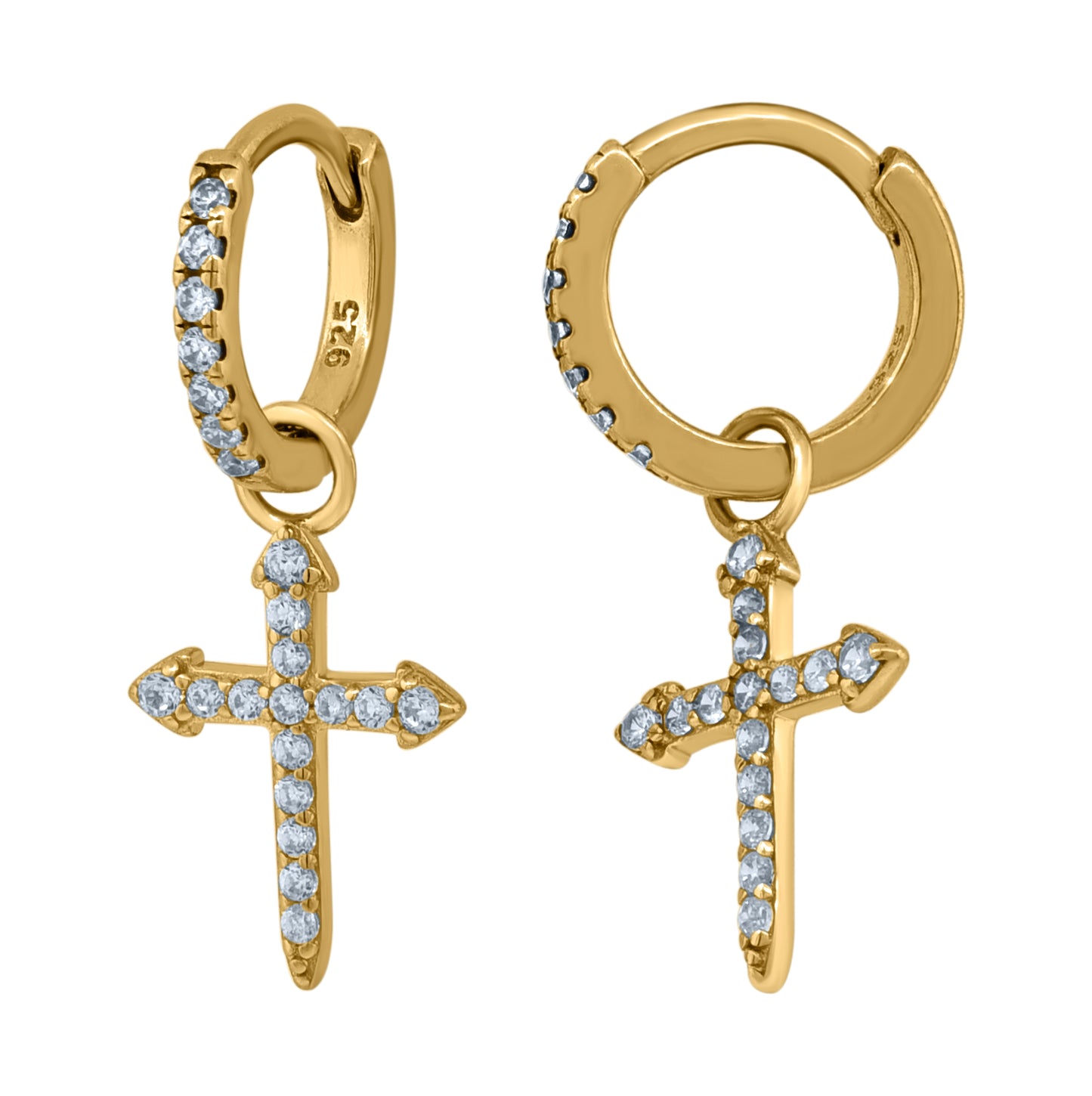 Sterling Silver Or Yellow-Tone Unisex Cubic-Zirconia Cross Religious Dangle Hoop Earrings