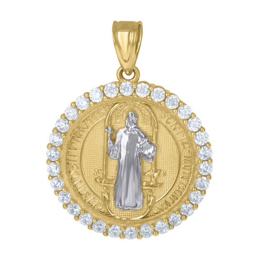 10K Two-Tone Gold Mens Cubic Zirconia Saints St. Benedict Medallion Charm Pendant