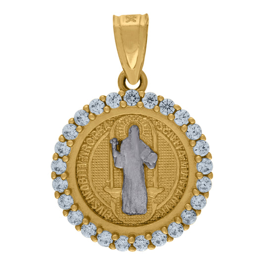 10K Yellow Gold Cubic Zirconia Saint Benedict Religious Medallion Charm Pendant