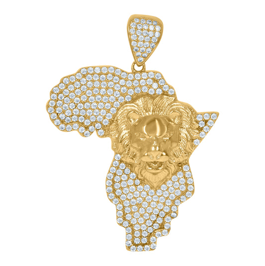10K Yellow Gold Mens Cubic-Zirconia Lion Africa Map Zodiac Sign Animal Wildlife Charm Pendant