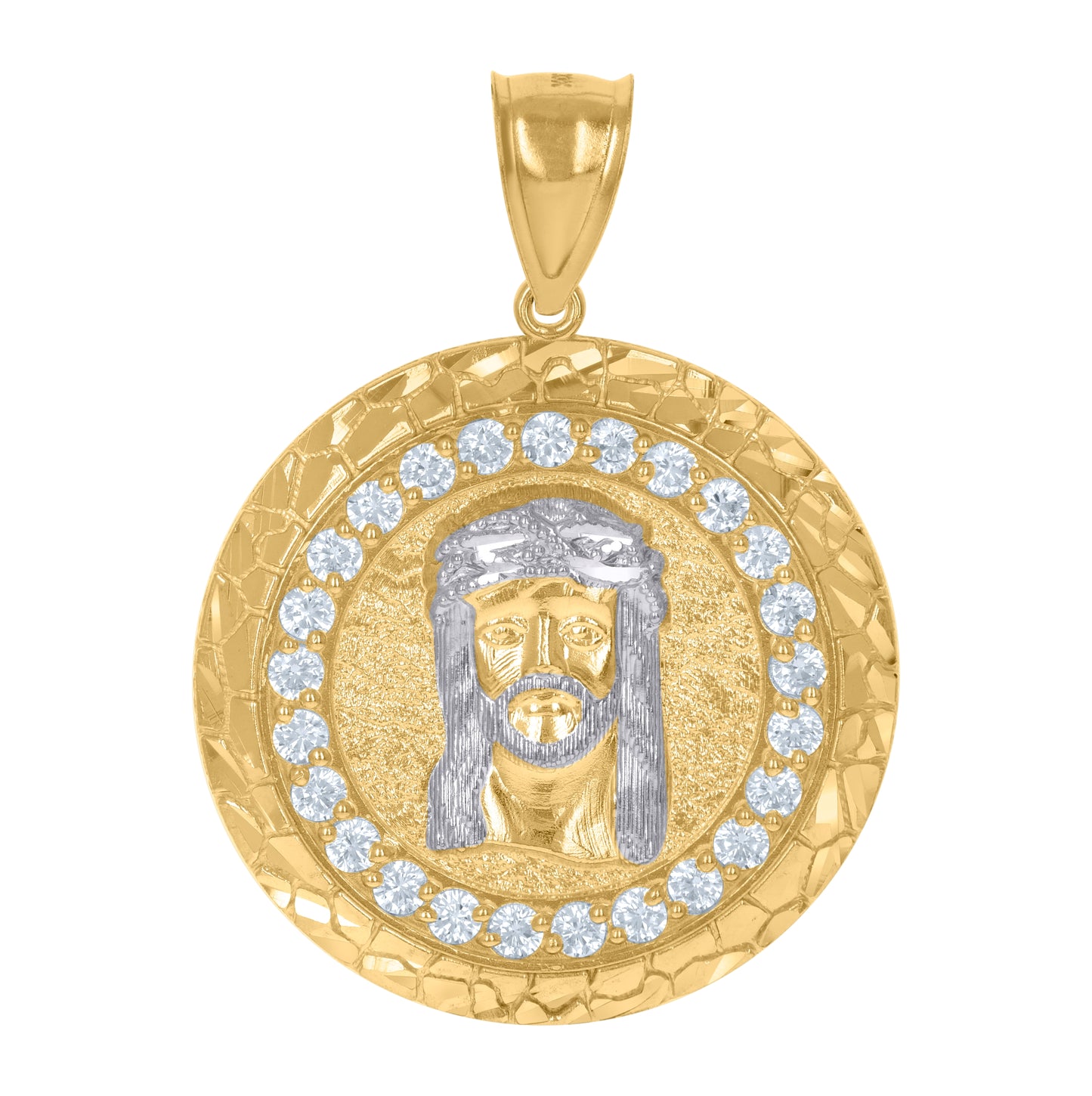 10K Two-Tone Gold Mens Cubic-Zirconia Medallion Jesus Religious Charm Pendant