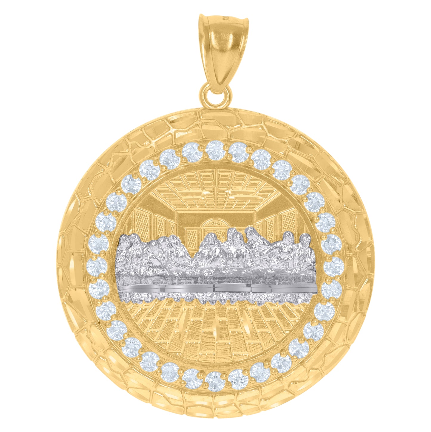 10K Two-Tone Gold Mens Cubic-Zirconia Last Supper Religious Medallion Charm Pendant