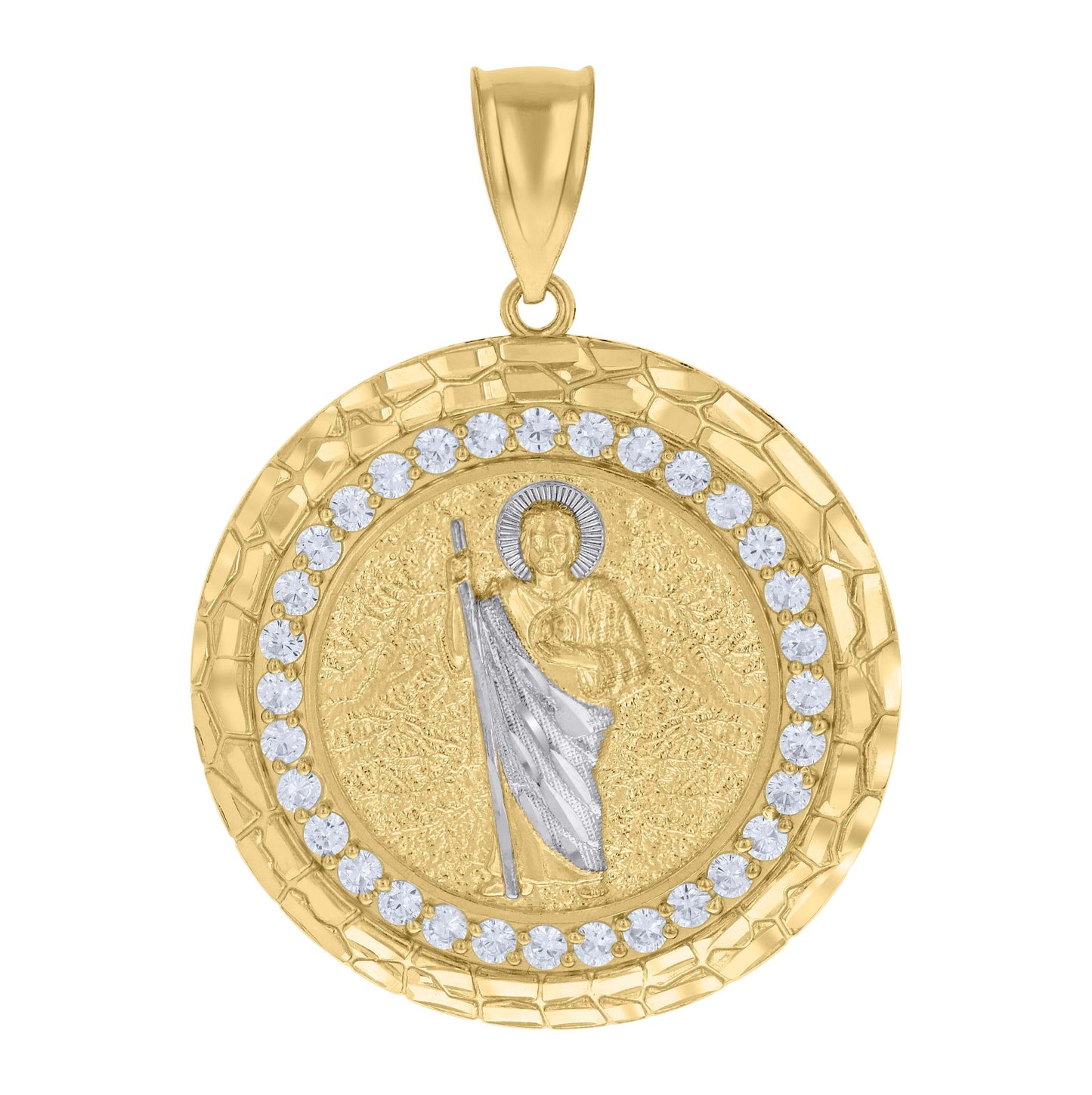 10K Two-tone Gold Mens Cubic-Zirconia Nugget St. Jude Religious Charm Pendant