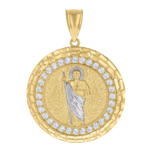 10K Two-tone Gold Mens Cubic-Zirconia Nugget St. Jude Religious Charm Pendant