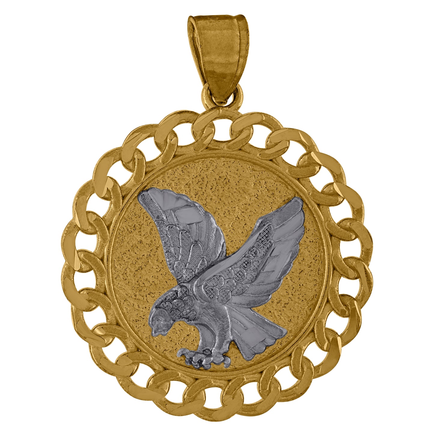 10K Two-Tone Gold Mens Eagle Bird Patriotism Medallion Cuban Link Charm Pendant
