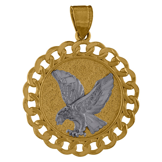 10K Two-Tone Gold Mens Eagle Bird Patriotism Medallion Cuban Link Charm Pendant