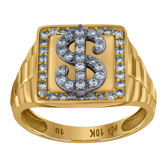 10K Two-Tone Gold Mens Cubic Zirconia Dollar Sign Square Head Ring