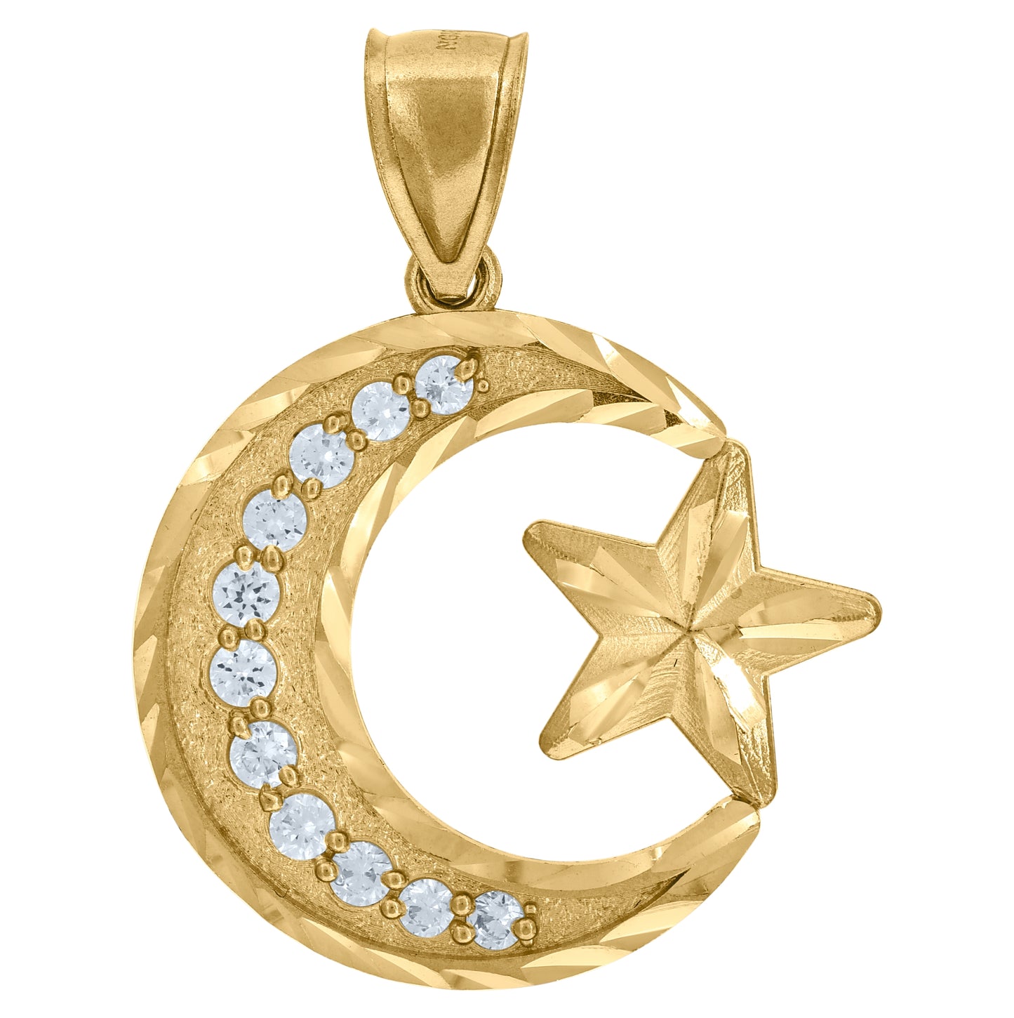 10K Yellow Gold Unisex Cubic-Zirconia Celestial Moon Star Religious Charm Pendant