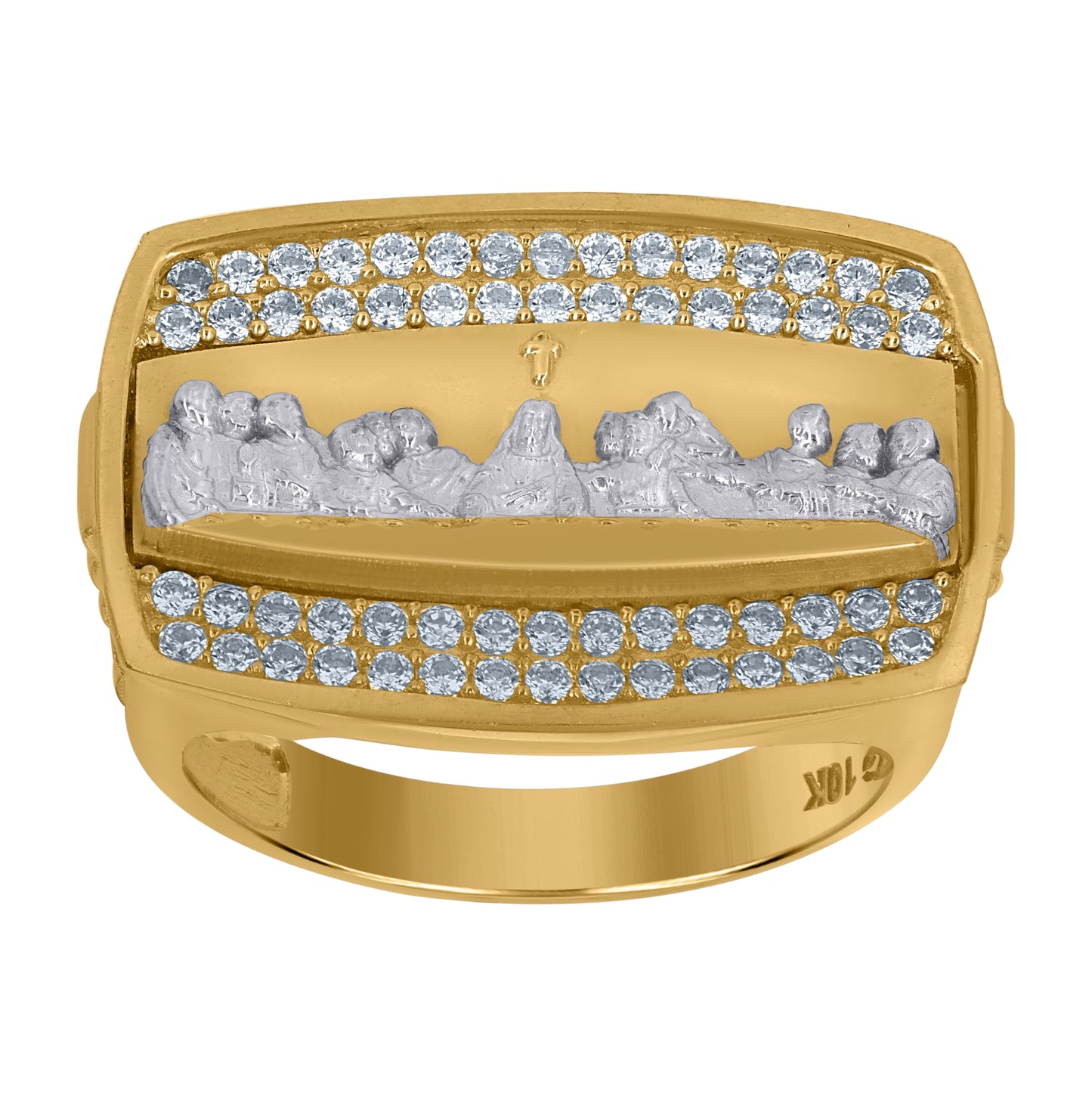 10K Two-Tone Gold Mens Cubic-Zirconia Last Supper Religious Ring