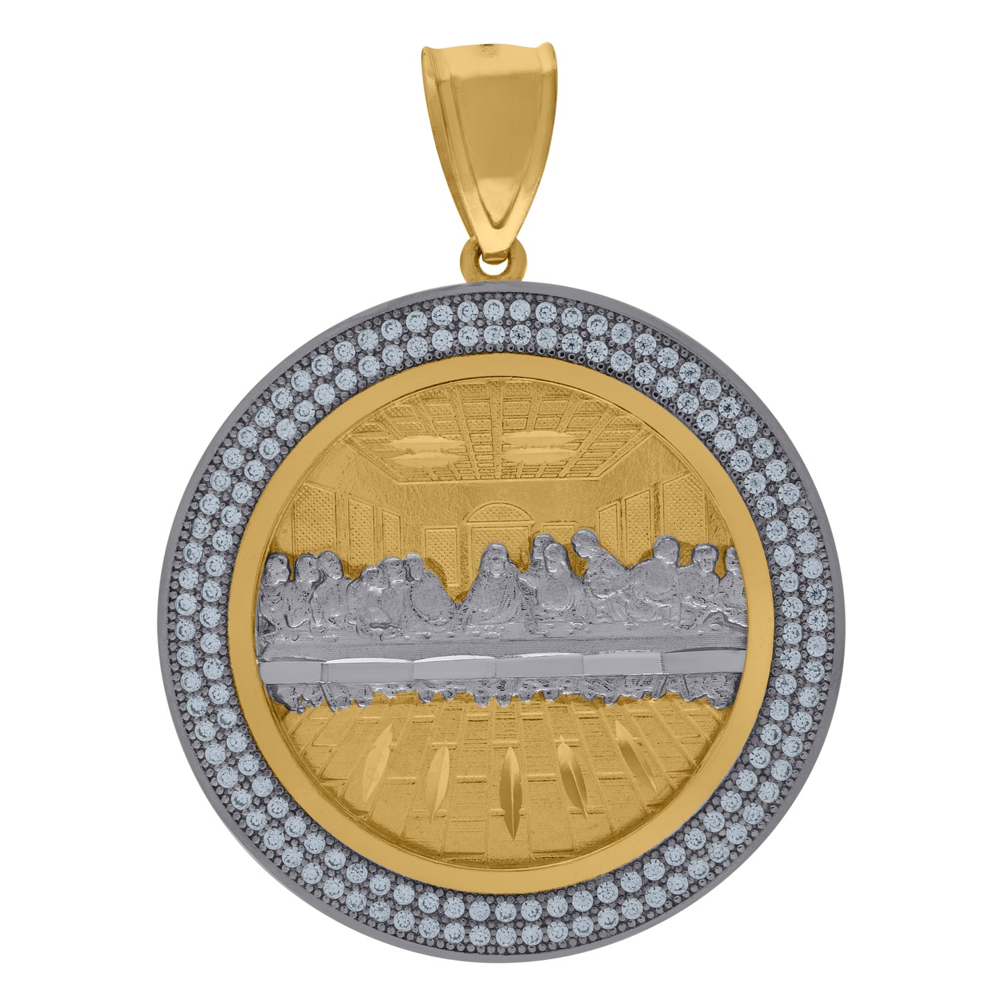 10K Two-Tone Gold Men Cubic-Zirconia Religious Last Supper Medallion Charm Pendant