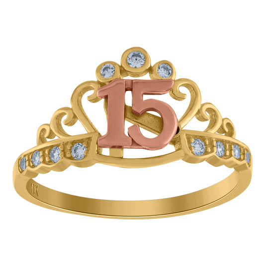 10K Two-tone Gold Womens Cubic-Zirconia 15 Anos Quinceanera Ring