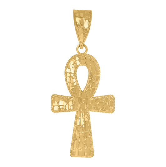 10K Yellow Gold Diamond-Cut Nugget Ankh Religious Charm Pendant