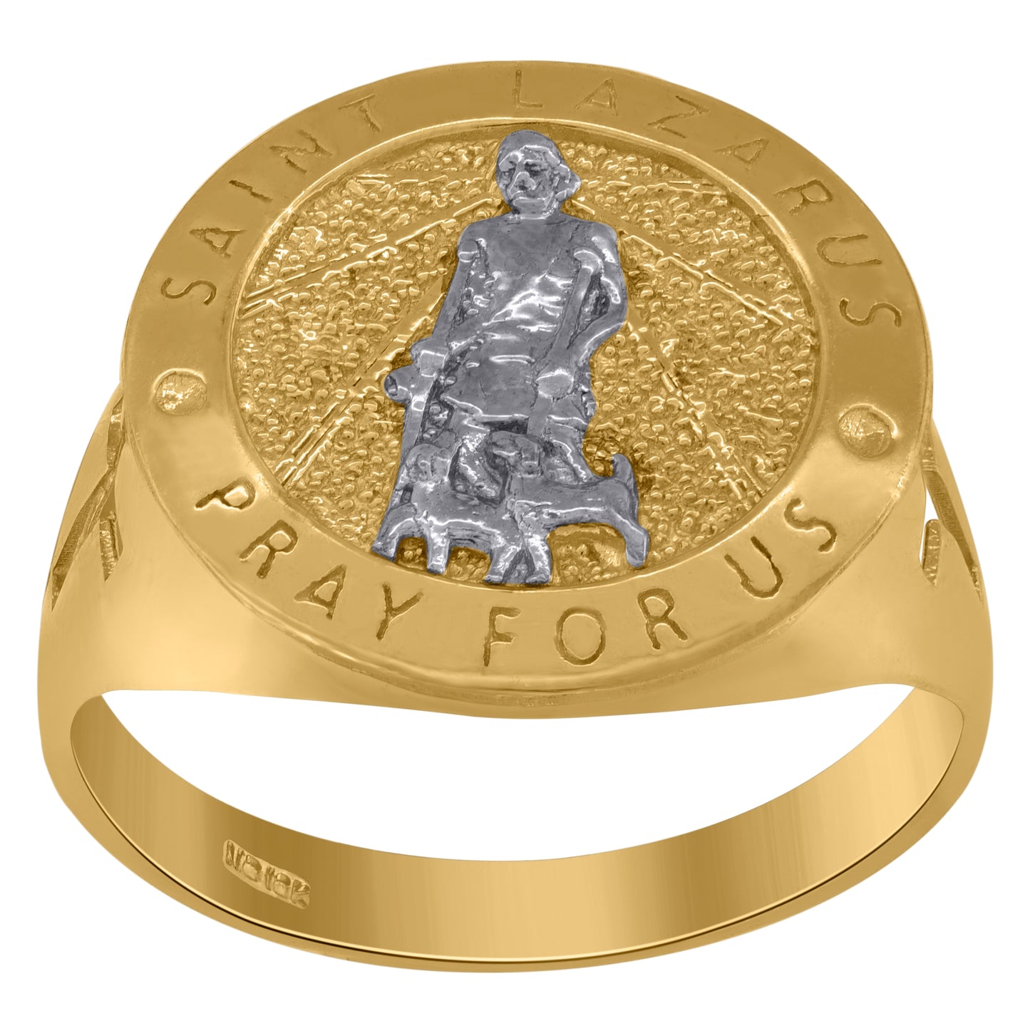 10K Two-Tone Gold Mens Saints St. Lazarus Pray For Us Religious Ring