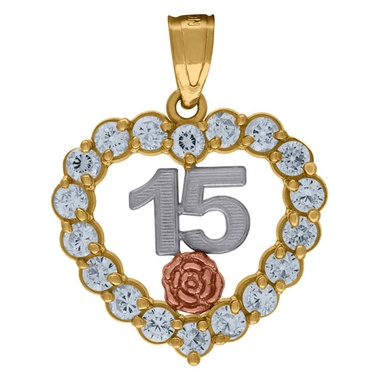 10K Gold Tri-Color Cubic-Zirconia 15 Quinceanera Charm Pendant