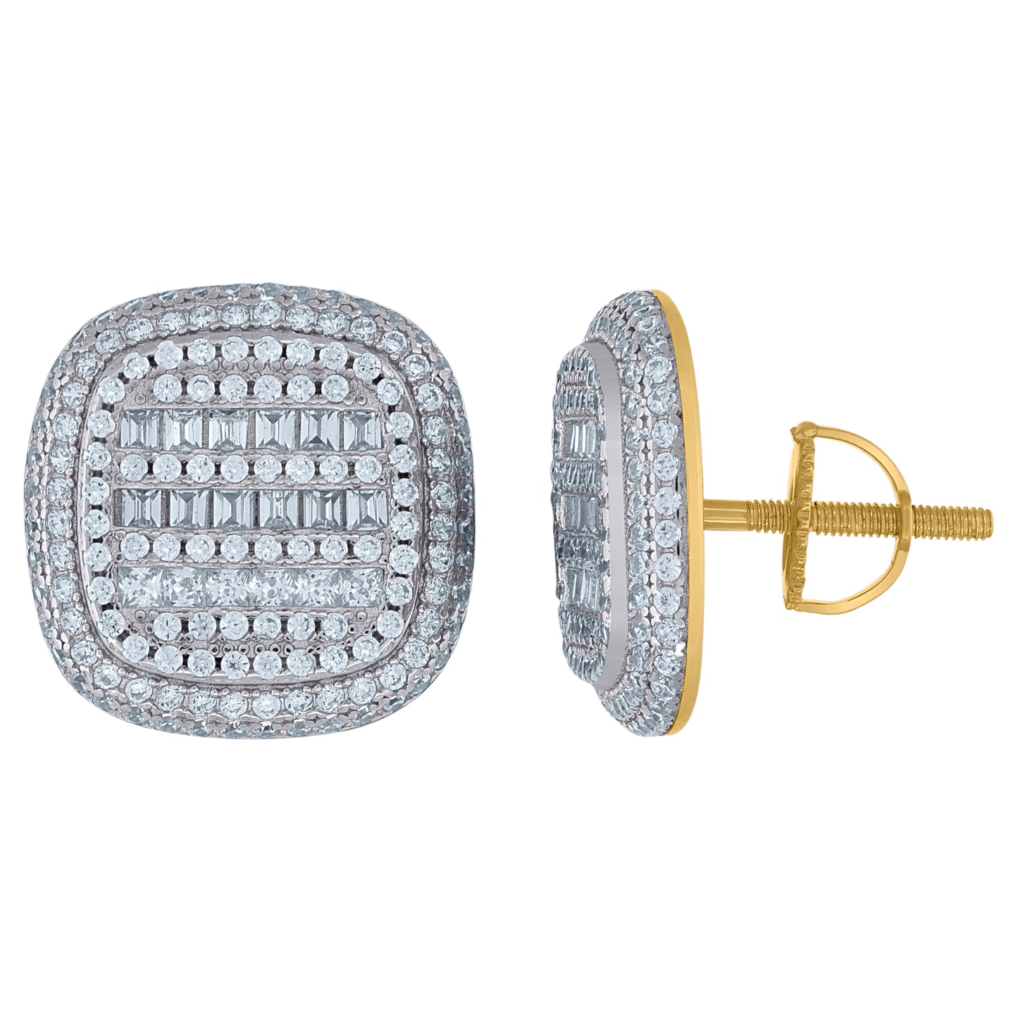 Sterling Silver Unisex Baguette Cubic-Zirconia Square Fashion Stud Earrings