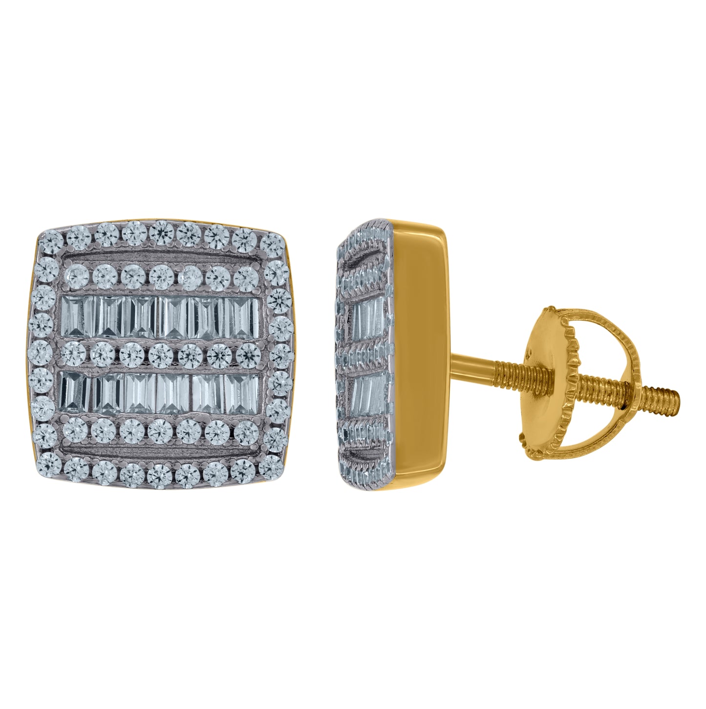 Sterling Silver Unisex Baguette Cubic-Zirconia Square Fashion Stud Earrings
