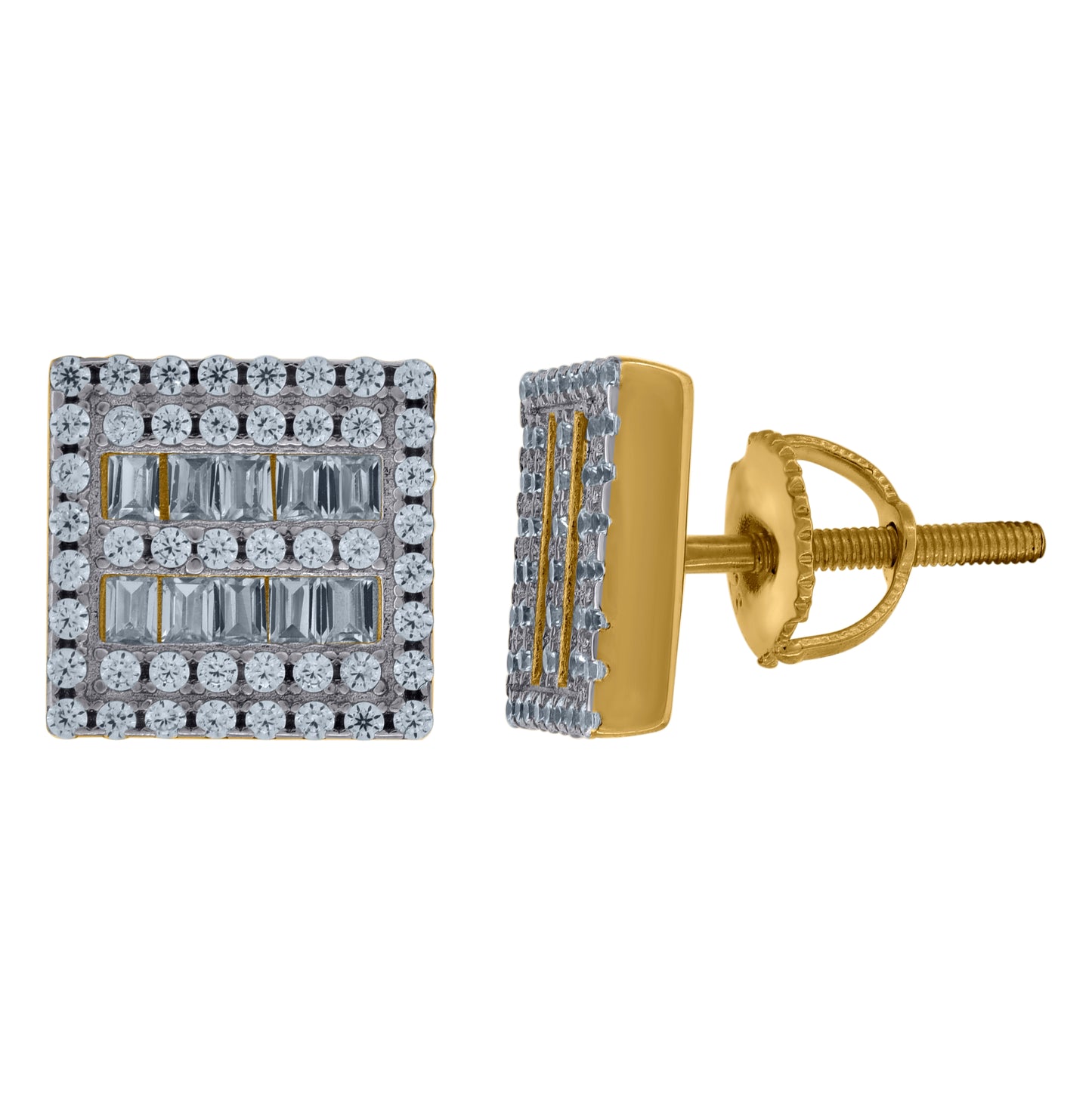 Sterling Silver Unisex Baguette Cubic-Zirconia Square Fashion Stud Earrings