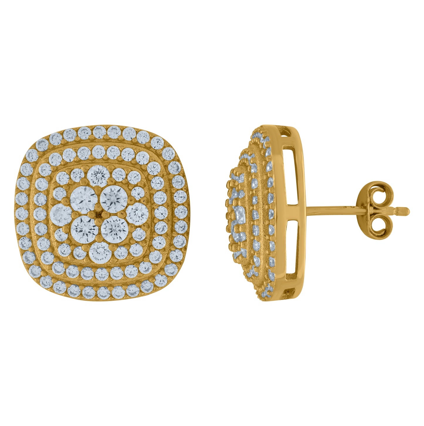 Sterling Silver Or Yellow-Tone Unisex Cubic-Zirconia Square Fashion Stud Earrings