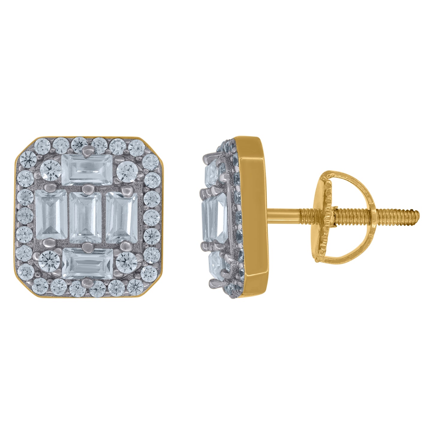 Sterling Silver Or Yellow-Tone Unisex Baguette Cubic-Zirconia Fashion Stud Earrings