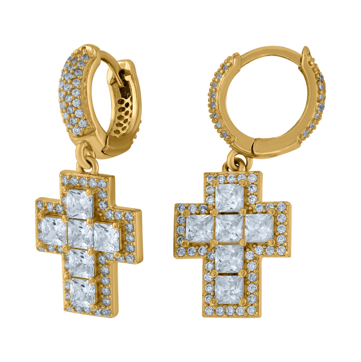 Sterling Silver Unisex Princess-Cut Cubic-Zirconia Cross Religious Dangle Hoop Earrings