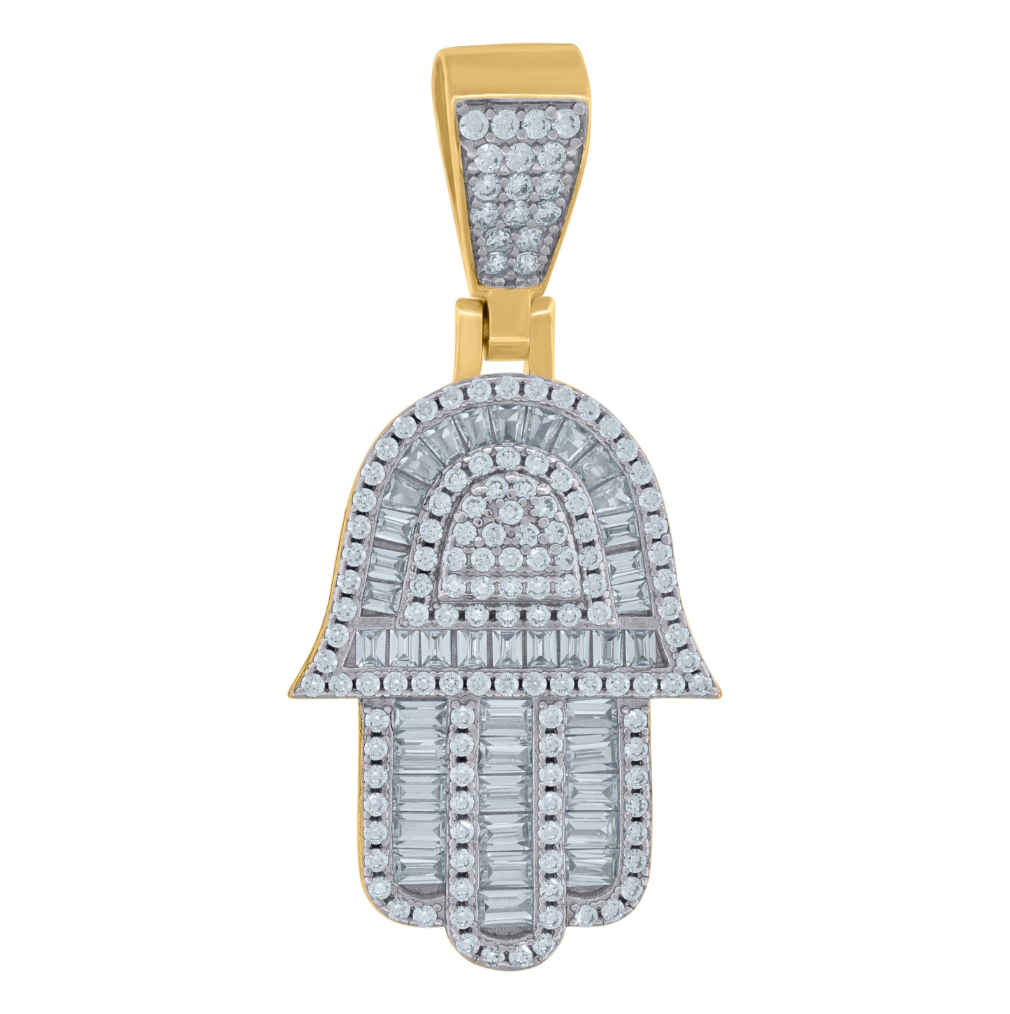 Sterling Silver Mens Baguette Round Cubic-Zirconia Hamsa Symbol Religious Charm Pendant