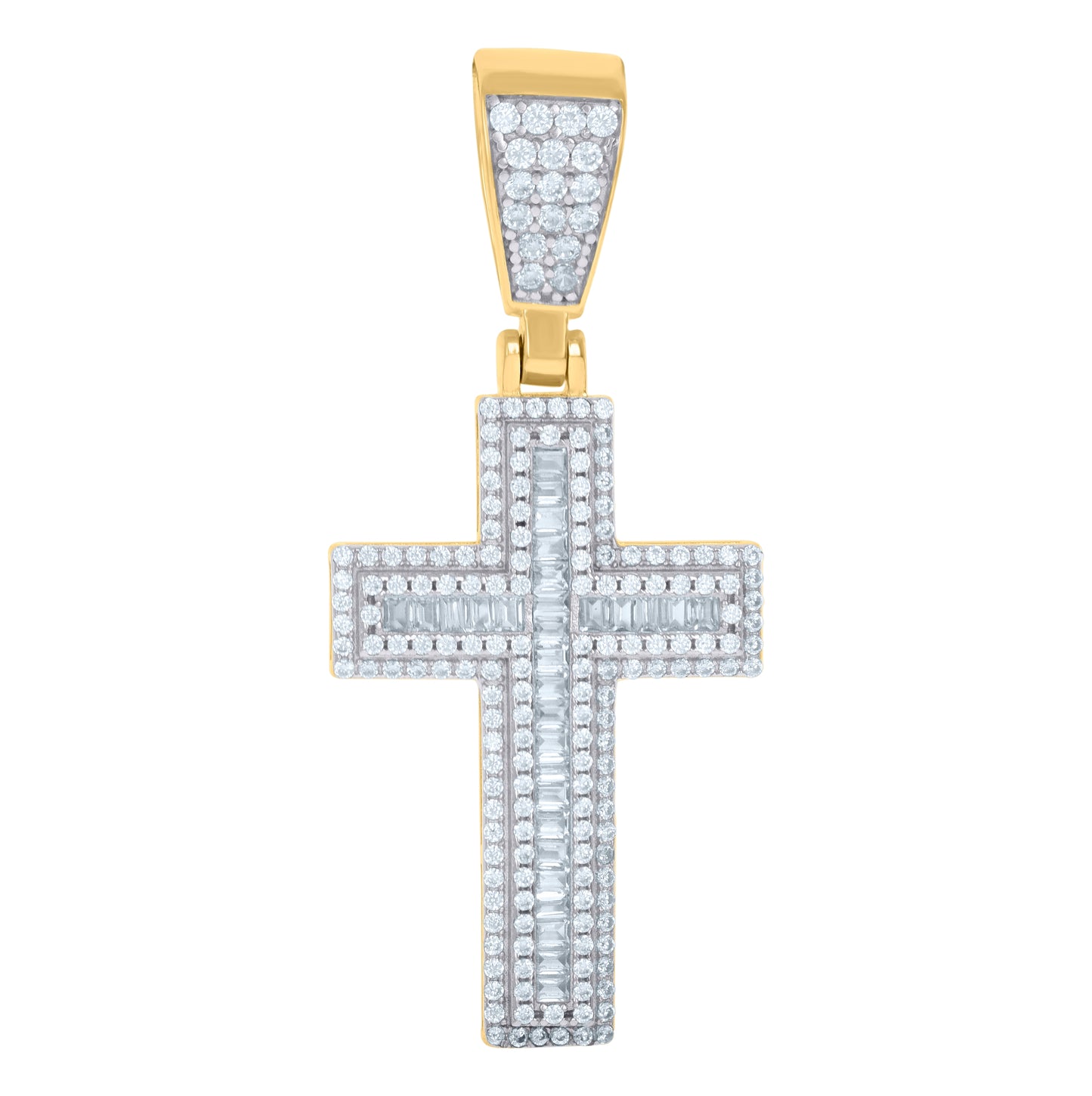 Sterling Silver Unisex Round Baguette Cubic-Zirconia Cross Religious Charm Pendant