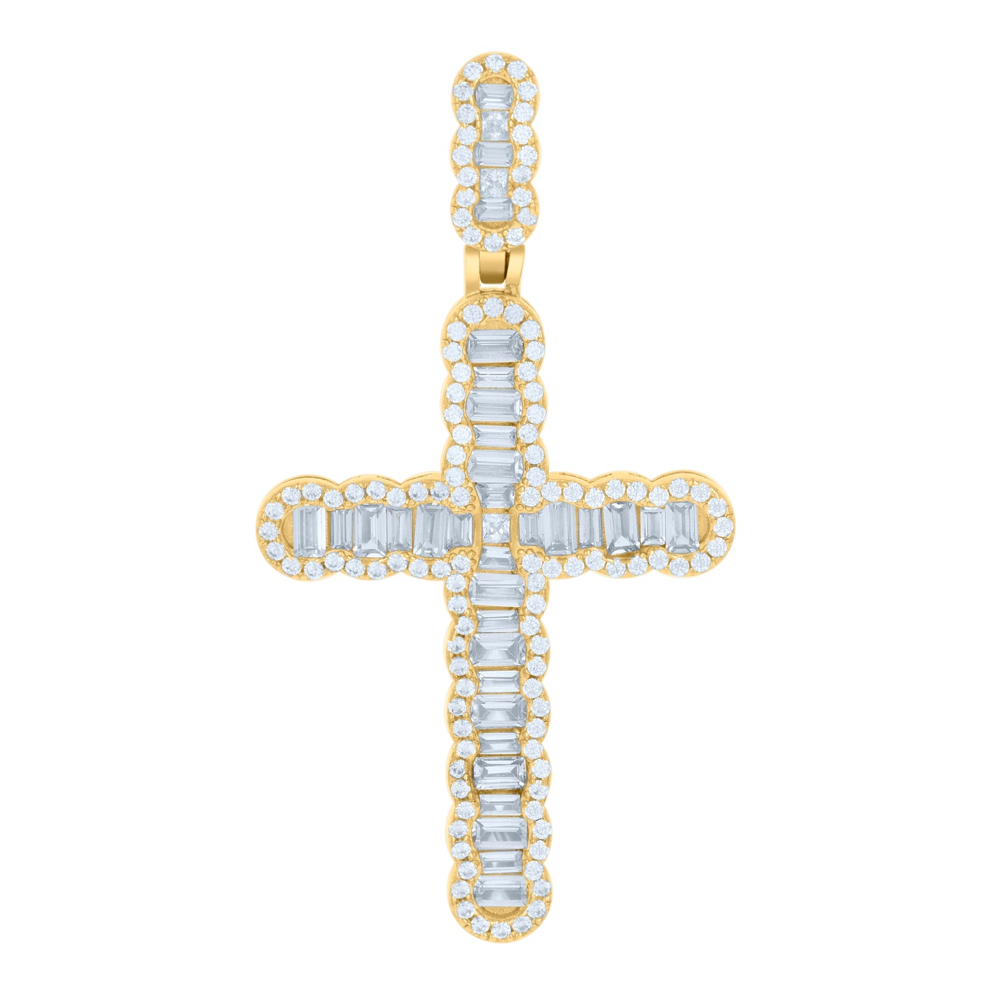 Sterling Silver Mens Baguette Round Cubic-Zirconia Cross Religious Charm Pendant